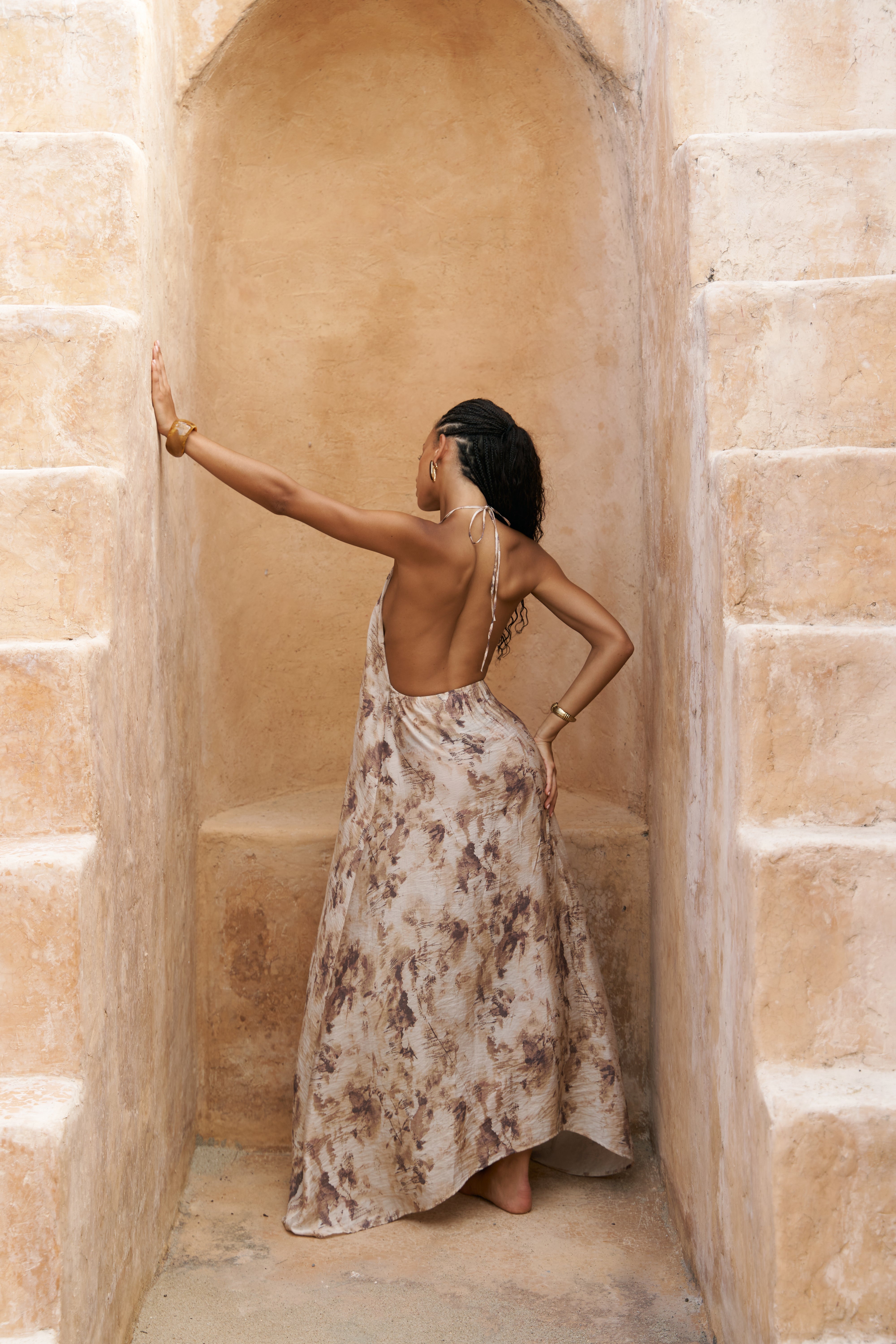 Lace-Up Halter Maxi Dress in Beige