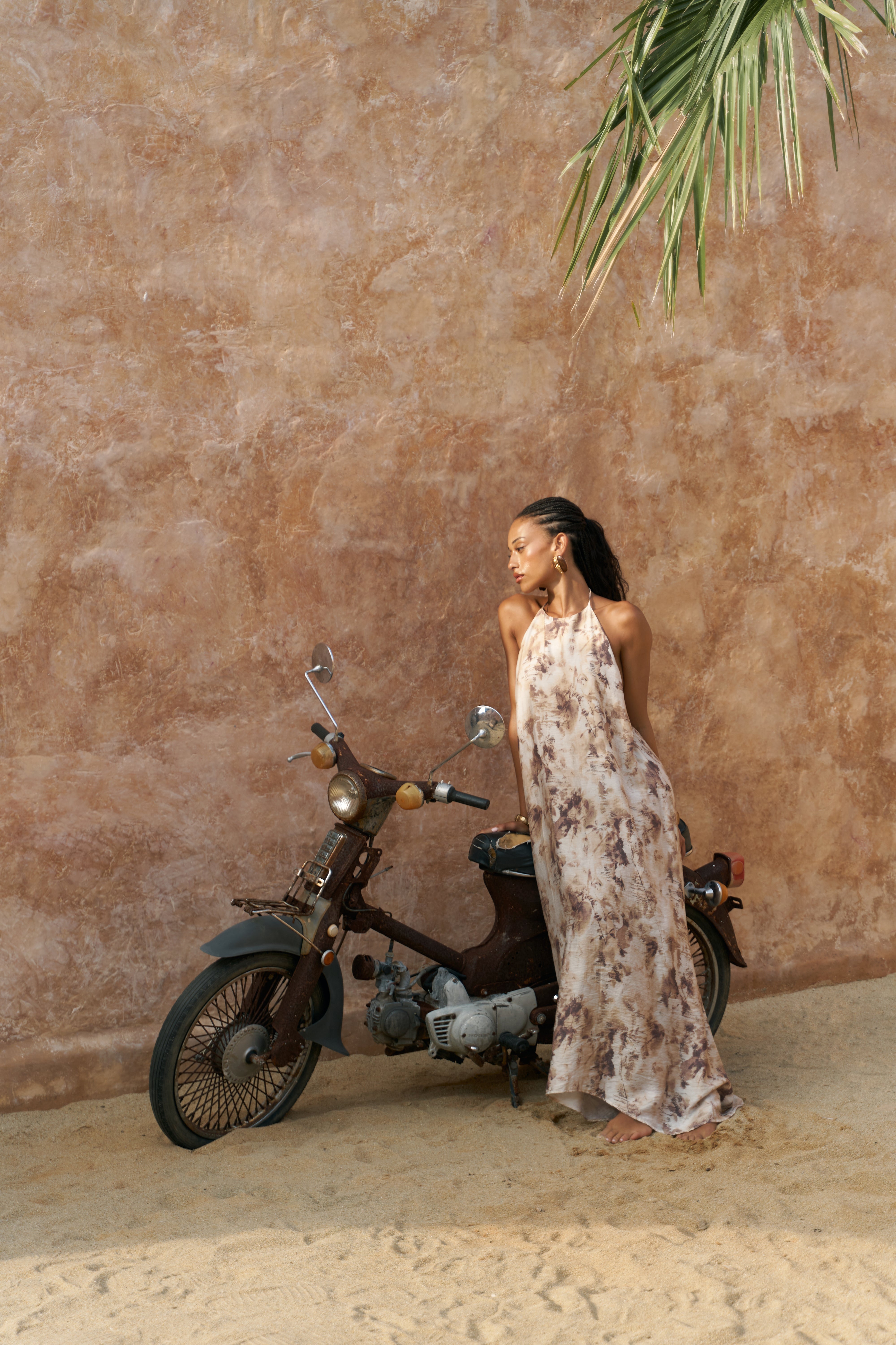 Lace-Up Halter Maxi Dress in Beige