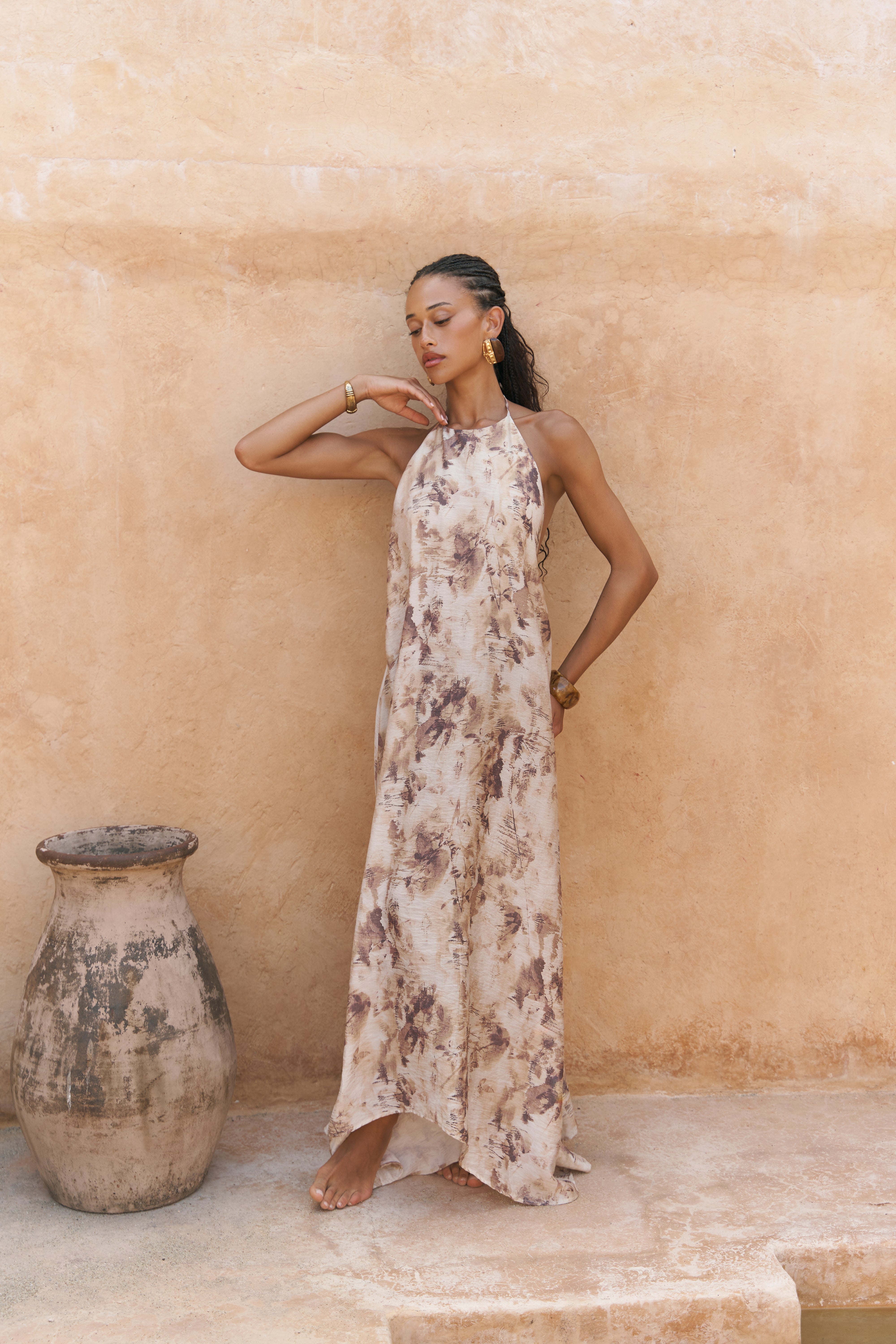 Lace-Up Halter Maxi Dress in Beige