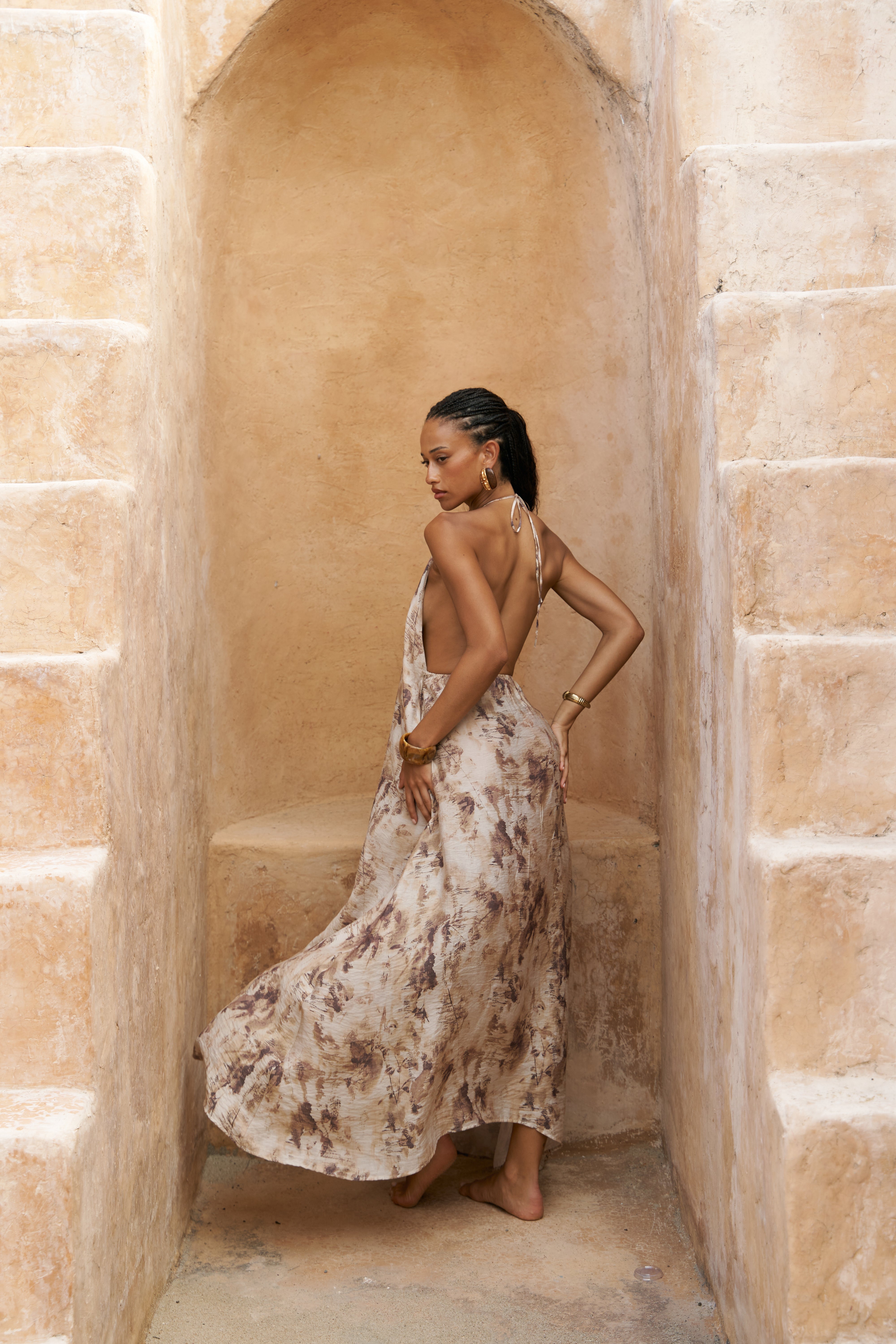 Lace-Up Halter Maxi Dress in Beige