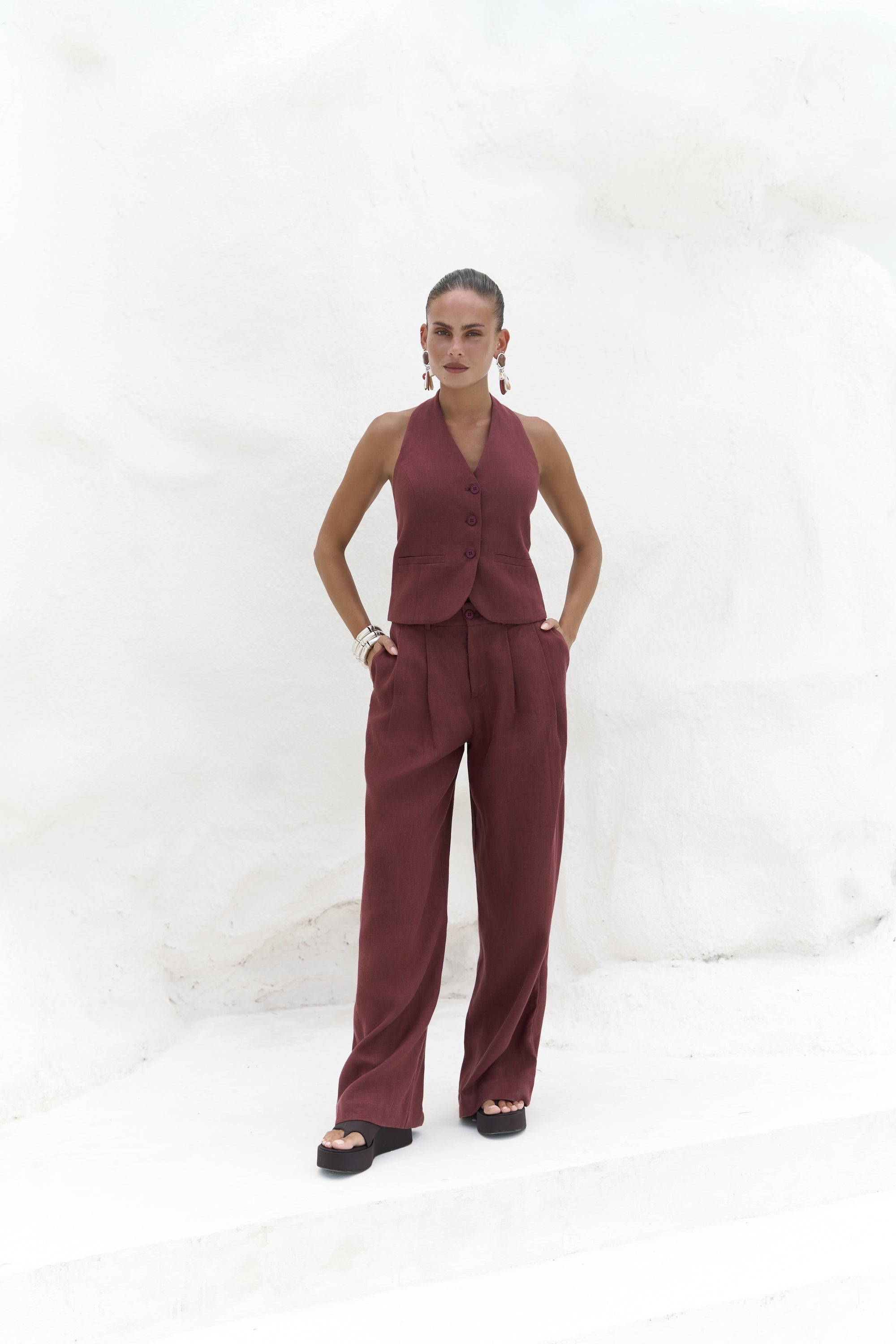 Mila Open-Back Linen Set - Anthracite