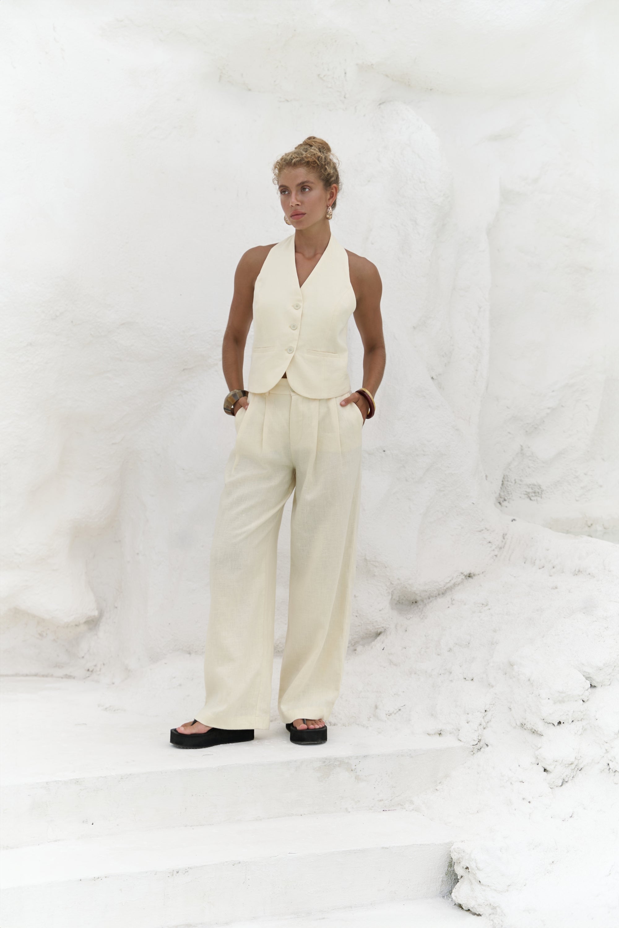 Mila Open-Back Linen Set - Anthracite
